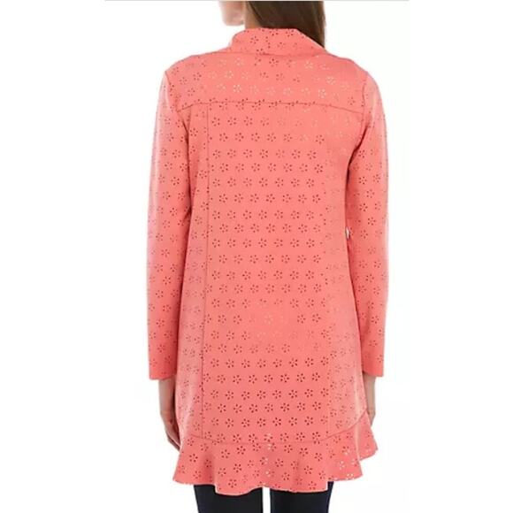 New Cupio Peach Solid Ruffle Scuba Floral Eyelet Open Front Blazer Jacket Large - Picture 2 of 15